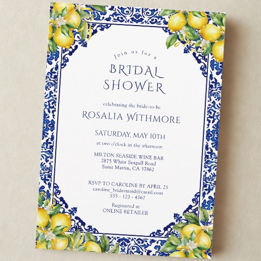 Blue Tile Lemon Mediterranean Bridal Shower 招待状