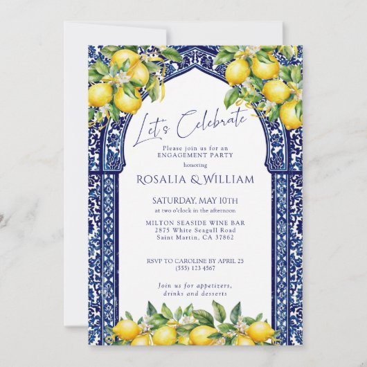 Blue Tile Lemon Mediterranean Engagement Party 招待状 (正面)