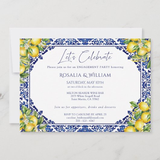 Blue Tile Lemon Mediterranean Engagement Party 招待状 (正面)