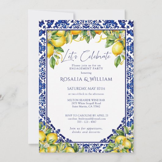Blue Tile Lemon Mediterranean Engagement Party 招待状 (正面)