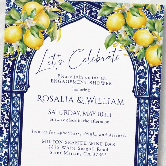 Blue Tile Lemon Mediterranean Engagement Shower 招待状
