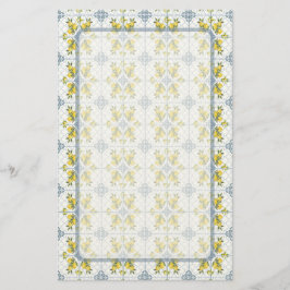 Blue Tile Watercolor French Country Lemon Pattern 便箋