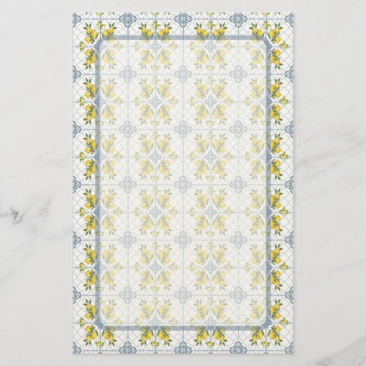 Blue Tile Watercolor French Country Lemon Pattern 便箋 (正面)