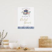 Blue tiles floral teapot Bridal Showerwelcome sign ポスター (キッチン)