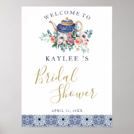 Blue tiles floral teapot Bridal Showerwelcome sign ポスター