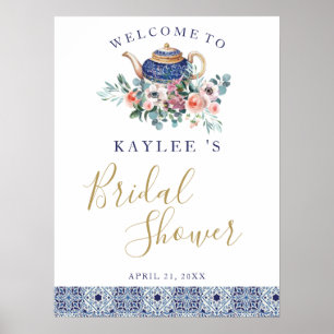 Blue tiles floral teapot Bridal Showerwelcome sign ポスター