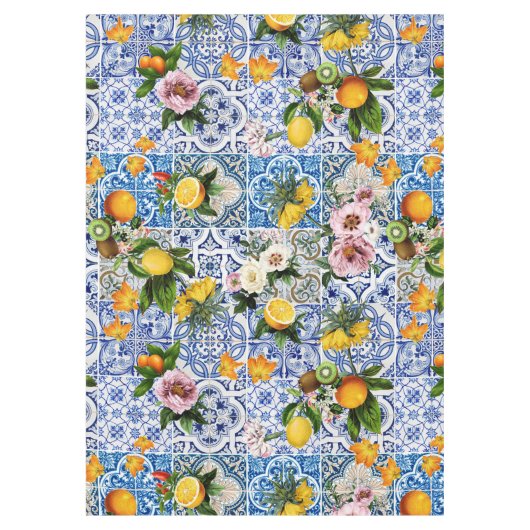 Blue tiles lemon Mediterranean テーブルクロス (正面)