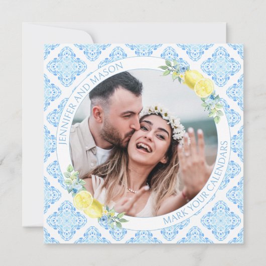 Blue Tiles Lemon Save The Dateフォト招待状 (裏面)