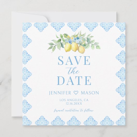 Blue Tiles Lemon Save The Dateフォト招待状 (正面)