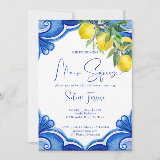 Blue tiles lemons main squeeze bridal shower 招待状 (正面)