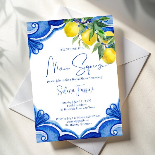 Blue tiles lemons main squeeze bridal shower 招待状