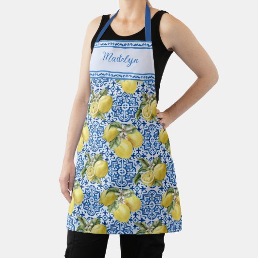 Blue Tiles Lemons Mediterranean Pattern Name エプロン (インサイチュ)