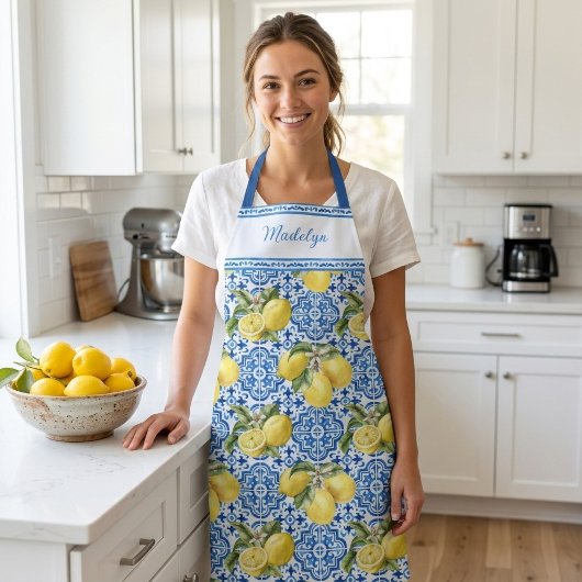 Blue Tiles Lemons Mediterranean Pattern Name エプロン