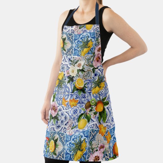 Blue tiles Mediterranean Floral エプロン (インサイチュ)