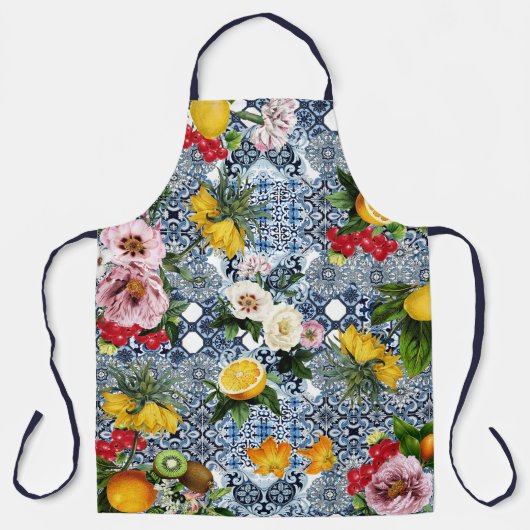 Blue tiles Mediterranean Floral  エプロン (正面)