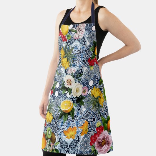 Blue tiles Mediterranean Floral エプロン (インサイチュ)