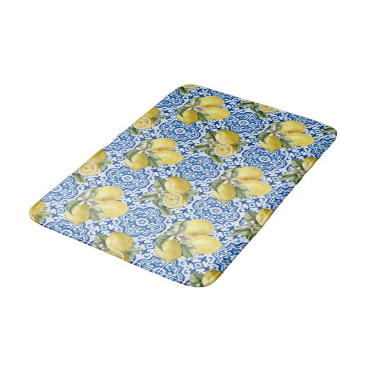 Blue Tiles Mediterranean Lemon Pattern バスマット (アングル)