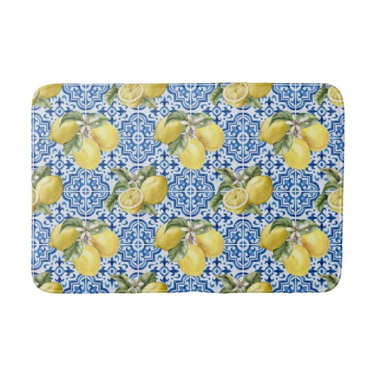 Blue Tiles Mediterranean Lemon Pattern バスマット (正面)
