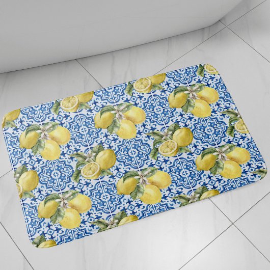 Blue Tiles Mediterranean Lemon Pattern バスマット