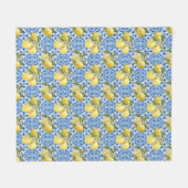 Blue Tiles Mediterranean Lemon Pattern フリースブランケット (正面(横))