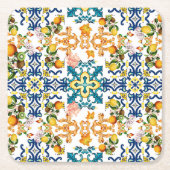 Blue Tiles Mediterranean Pattern  スクエアペーパーコースター (正面)