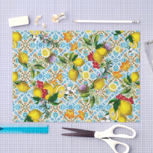 Blue Tiles Mediterranean Pattern 薄葉紙 (クラフト)