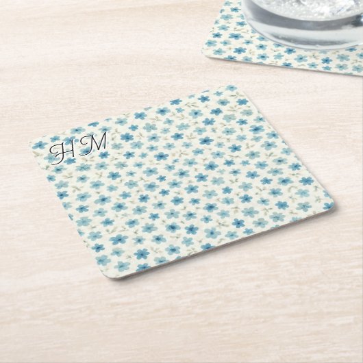 Blue Tiny Flower Simple Customize Your Initial スクエアペーパーコースター (アングル)