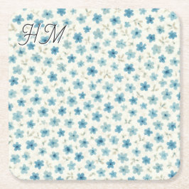 Blue Tiny Flower Simple Customize Your Initial スクエアペーパーコースター