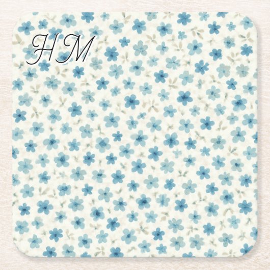 Blue Tiny Flower Simple Customize Your Initial スクエアペーパーコースター (正面)
