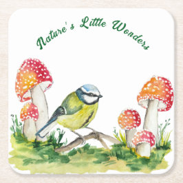 Blue Tit and Fly Agaric in a Forest Clearing スクエアペーパーコースター