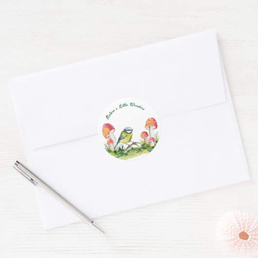 Blue Tit and Fly Agaric in a Forest Clearing ラウンドシール (封筒)