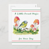 Blue Tit and Fly Agaric Watercolor シーズンポストカード (正面/裏面)