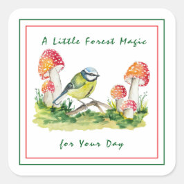 Blue Tit and Fly Agaric Watercolor スクエアシール
