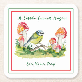 Blue Tit and Fly Agaric Watercolor スクエアペーパーコースター