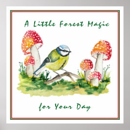 Blue Tit and Fly Agaric Watercolor ポスター