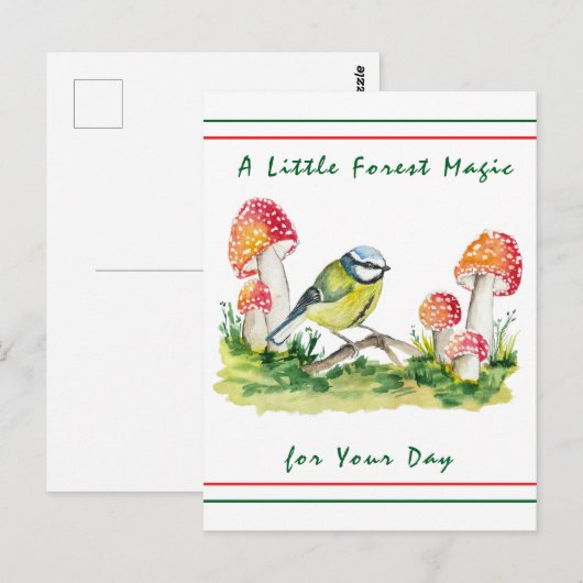 Blue Tit and Fly Agaric Watercolor ポストカード (正面/裏面)