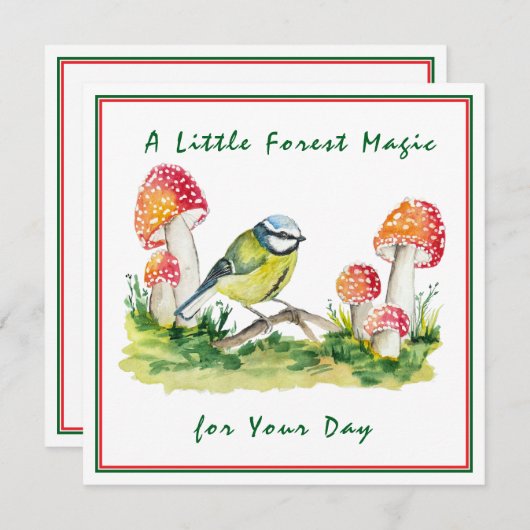 Blue Tit and Fly Agaric Watercolor 招待状 (正面/裏面)