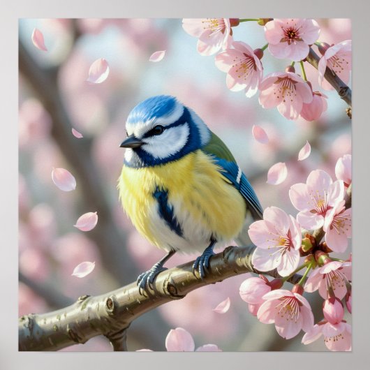  Blue Tit Bird on Cherry Blossom Tree Spring ポスター (正面)