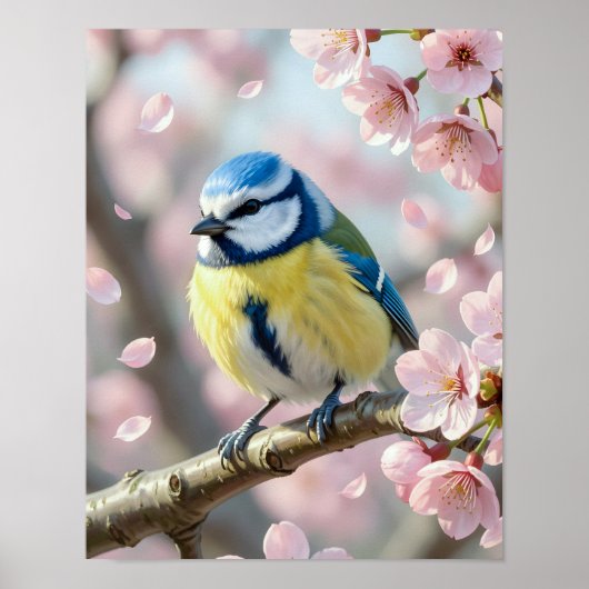 Blue Tit Bird on Cherry Blossom Tree Spring ポスター (正面)