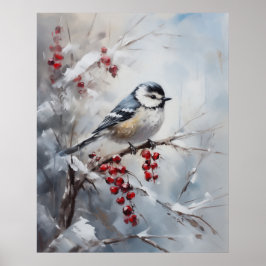 Blue Tit Bird on Snowy Berries Winter Art ポスター