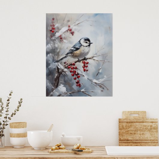 Blue Tit Bird on Snowy Berries Winter Art ポスター (キッチン)