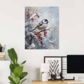 Blue Tit Bird on Snowy Berries Winter Art ポスター (ホームオフィス)