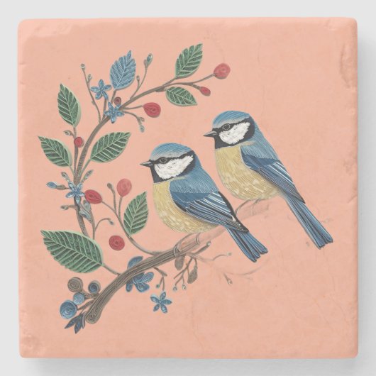 Blue tit birds on a vine Quilling design ストーンコースター (正面)