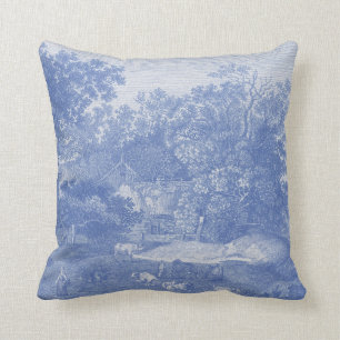 Blue Toil de Jouy Frenchの国のぼろぼろの優雅 クッション