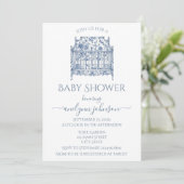 Blue Toile Bassinet Baby Shower  招待状 (スタンド正面)