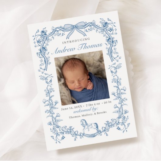 Blue Toile Birth Announcement 招待状