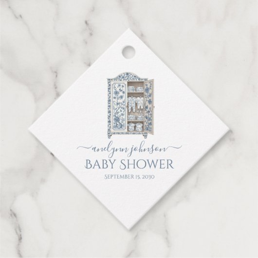 Blue Toile Botanical Wardrobe Baby Shower  フェイバータグ (正面)