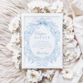 Blue Toile Bow Baby Boy Shower Diaper Raffle Sign 招待状