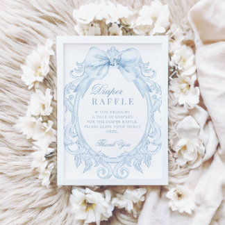 Blue Toile Bow Baby Boy Shower Diaper Raffle Sign 招待状