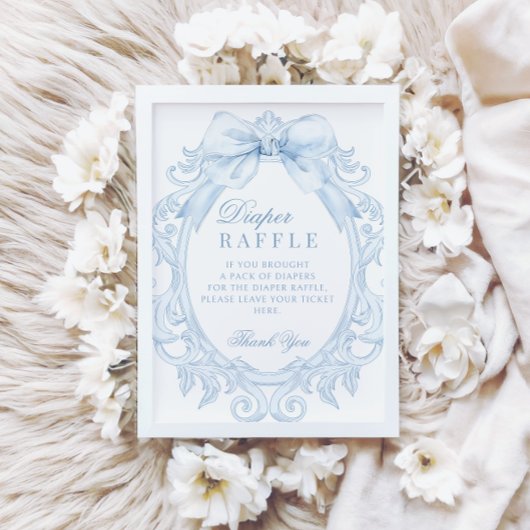 Blue Toile Bow Baby Boy Shower Diaper Raffle Sign 招待状